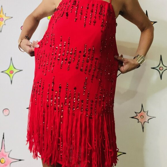 Vntg~Red Glam Fringe/Sequin Flapper Christmas New Year Holiday Party Dress~ XS - Picture 4 of 11